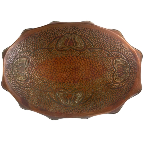 94 - A J & F Pool Ltd copper oval tray repousse decorated with foliate rim. Catalogue No. 6522, 36cm x 24... 