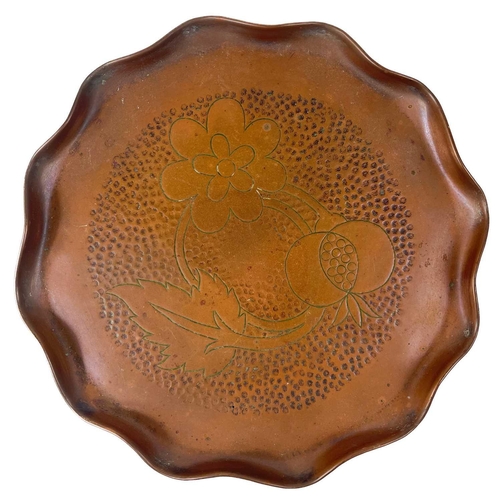 94 - A J & F Pool Ltd copper oval tray repousse decorated with foliate rim. Catalogue No. 6522, 36cm x 24... 