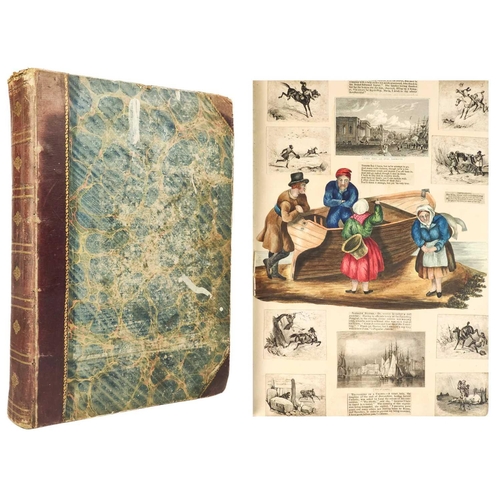 74 - A Victorian Scrap Album Contemporary half maroon leather with marbled boards, over a hundred pages p... 