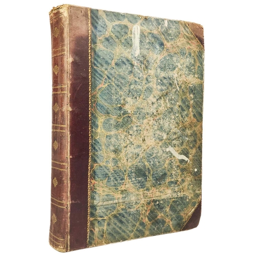 74 - A Victorian Scrap Album Contemporary half maroon leather with marbled boards, over a hundred pages p... 