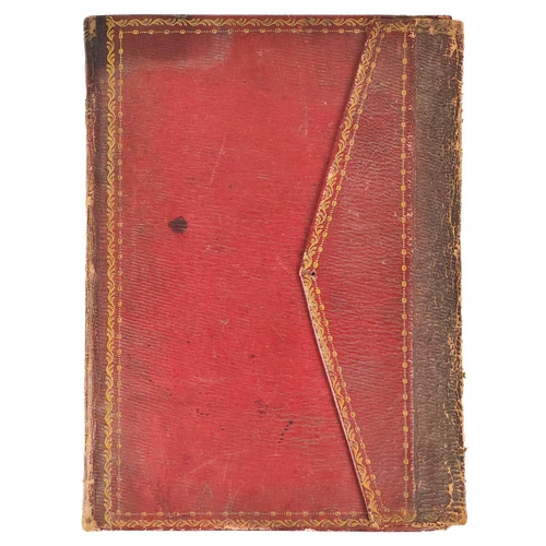 75 - (Penmanship and poetry) Early 19th century note book. Full maroon leather with envelope clasp, 25 pa... 
