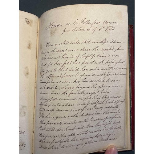 75 - (Penmanship and poetry) Early 19th century note book. Full maroon leather with envelope clasp, 25 pa... 