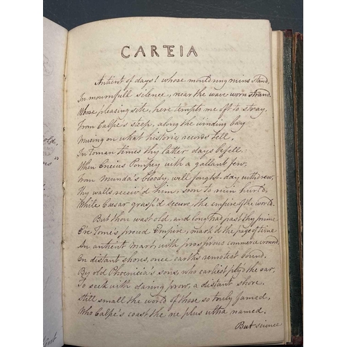 75 - (Penmanship and poetry) Early 19th century note book. Full maroon leather with envelope clasp, 25 pa... 