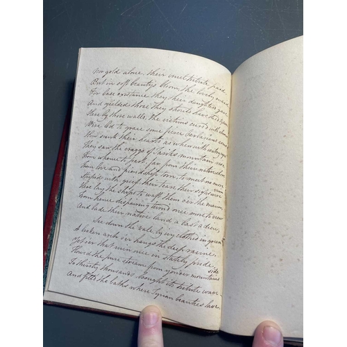 75 - (Penmanship and poetry) Early 19th century note book. Full maroon leather with envelope clasp, 25 pa... 
