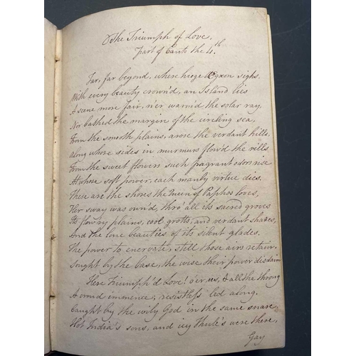 75 - (Penmanship and poetry) Early 19th century note book. Full maroon leather with envelope clasp, 25 pa... 