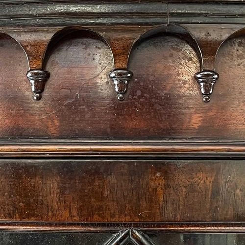 108 - A George III style mahogany floor standing corner cabinet. The upper part with a moulded arcaded fri... 