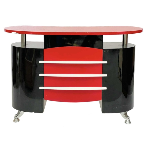 2 - A Dir Janus black and red laminated Barbers or shop cabinet. 1980s, fitted with a drawer and two cup... 