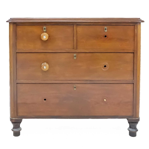 23 - A Victorian mahogany chest of drawers. Two short and two long drawers on turned supports, height 84.... 