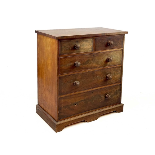 36 - A Victorian mahogany chest. Fitted two short and three long drawers, with turned knobs, on plinth ba... 