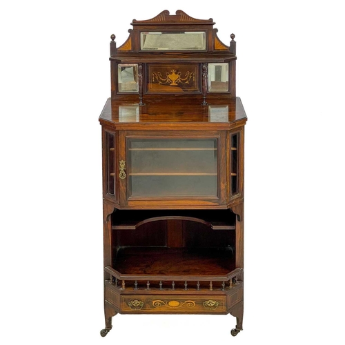 40 - An Edwardian rosewood inlaid music cabinet. With a mirrored gallery back above a single glazed cupbo... 