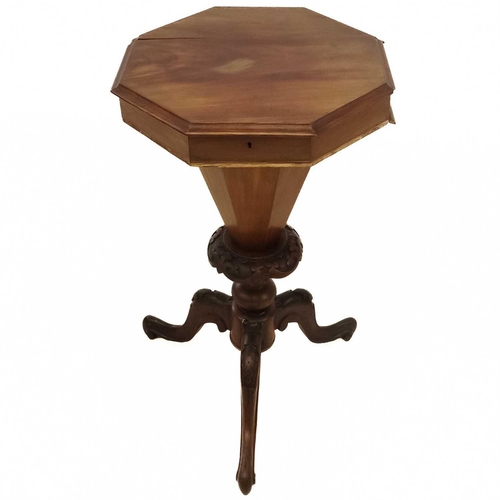 61 - A Victorian mahogany octagonal work table. The hinged lid enclosing a fitted interior, with a tapere... 