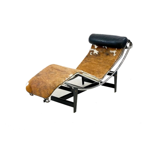 7 - A Le Corbusier style chaise longue. With pony hide seat and leather cushion on chrome tubular frame ... 