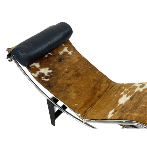 7 - A Le Corbusier style chaise longue. With pony hide seat and leather cushion on chrome tubular frame ... 