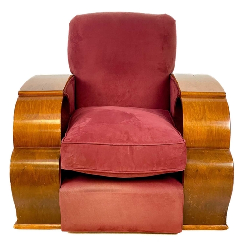 85 - An Art Deco walnut veneer upholstered three piece suite. Comprising: a three seater and two armchair... 