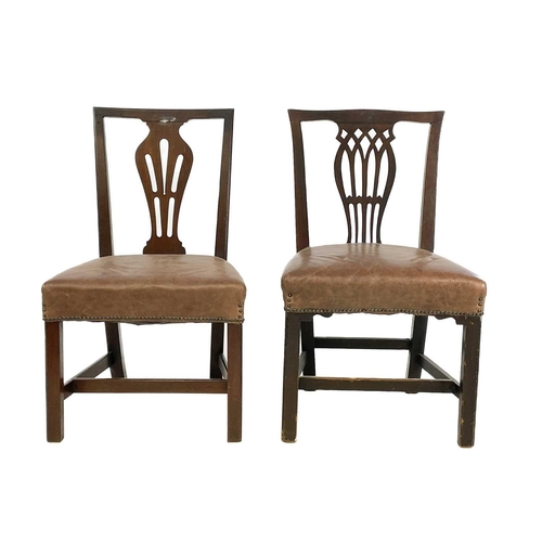 87 - A set of six George III provincial mahogany dining chairs. With pierced splat backs, stuffover leath... 