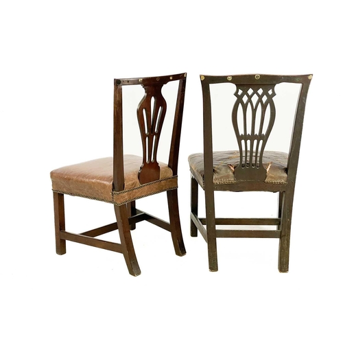 87 - A set of six George III provincial mahogany dining chairs. With pierced splat backs, stuffover leath... 