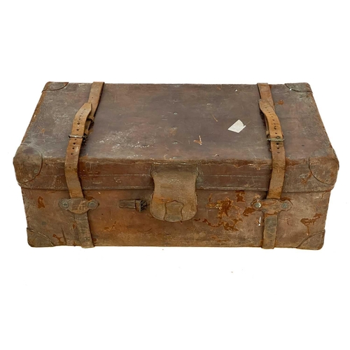 90 - An early 20th century leather trunk by Finnigan Manchester. With maker marks, height 32cm width 92cm... 