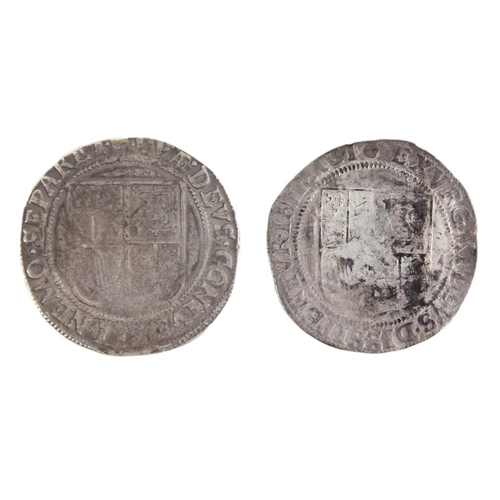 107 - James I shilling x2 Lot comprises 1603-4 shilling - worn, mint mark Thistle. 1605-6 shilling with re... 