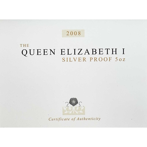 115 - Cased 5 ounce $25 dollar Cook Islands 2008 Queen Elizabeth I commemorative silver proof coin A cased... 