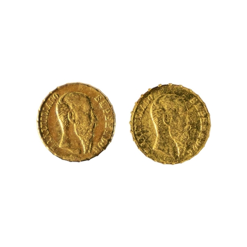 129 - 1865 Mexican Empire Gold coins (x2) Comprising two Emperor Maximillian Imperio Peso 14 cara gold coi... 