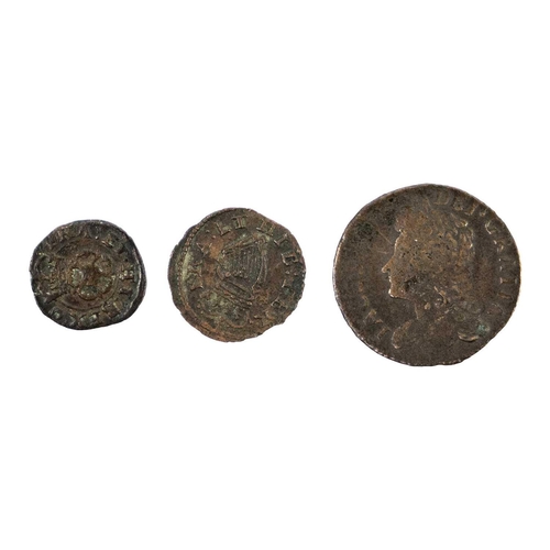 134 - Charles I farthings (x2) and James II 6d gun money Lot comprises Charles I Rose farthing, Charles I ... 