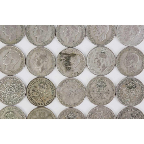 176 - GB pre 1947 silver coinage - face value £5 Comprising: 50 x 2 shilling coins of pre 1947 GB silver c... 