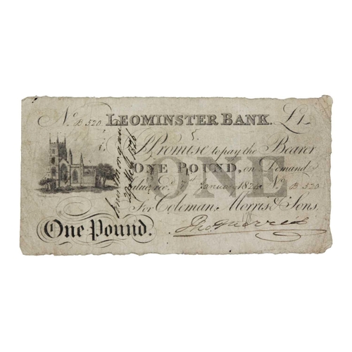 183M - Leominster Bank one pound note 1824 A Provincial Banknote issued in 1824 - good condition