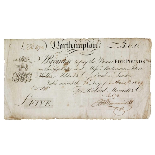 183N - Northampton five pound banknote 1809 A Provincial Banknote issued in 1809 - good condition