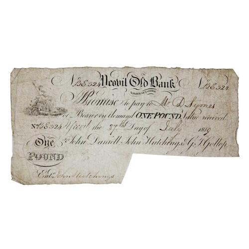 183O - Yeovil Old Bank one pound note 1819 A Provincial Banknote issued 1819 - signature removed