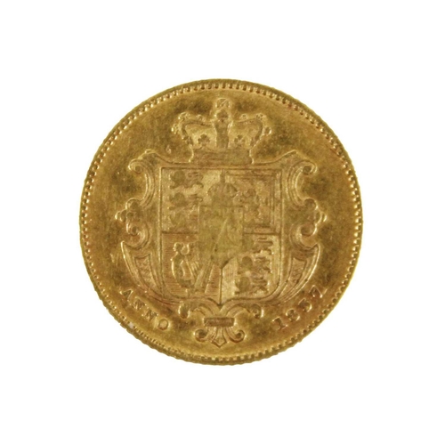 198G - 1837 William IV gold half sovereign A sound 1837 gold half sovereign. Obverse with good detail, reve... 