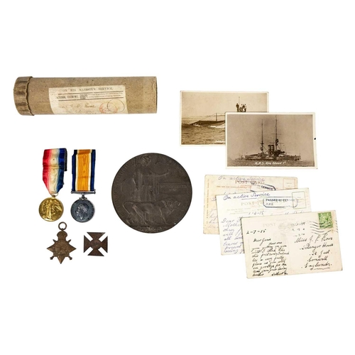 212 - WWI medals 1914/15 trio, Death Plaque and scroll, RNR Cornwall interest A 1914/15 Star, War medal an... 