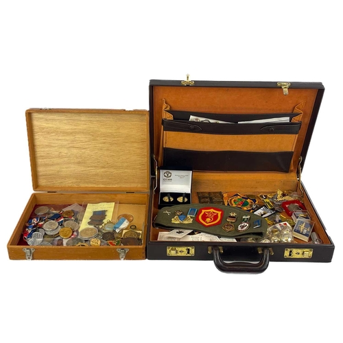 220 - Medallions, Badges etc - a large quantity Comprising: a handled case and a wooden box containing a l... 