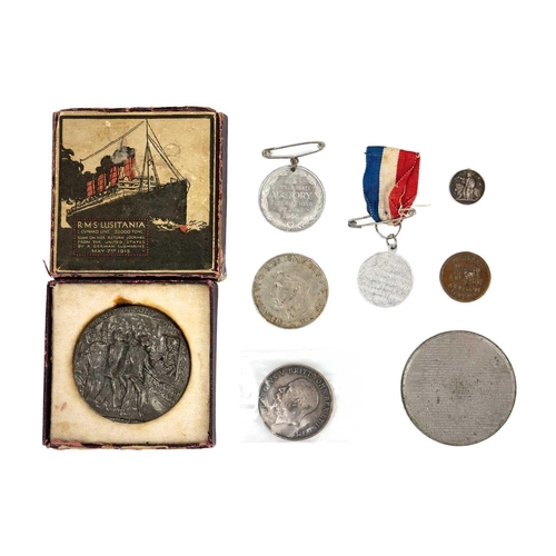 224 - Military related medallions / medals (x8) Comprising: 1: A boxed Lusitania commemoration medal. Box ... 