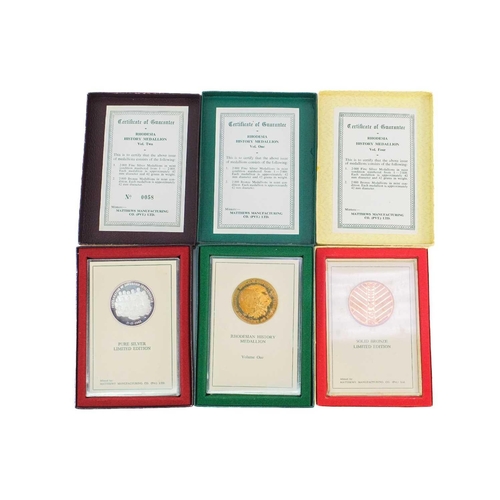 229 - Rhodesia boxed historical silver and bronze commemorative medallions etc Comprising: Matthews Manufa... 