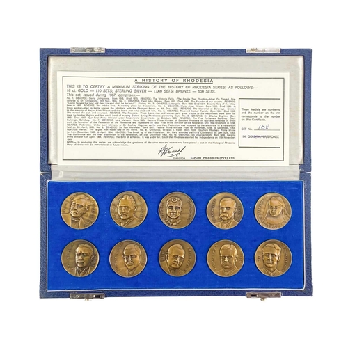 230 - Rhodesia boxed historical silver, silver coloured and bronze medallions. Comprising: 1: An attractiv... 