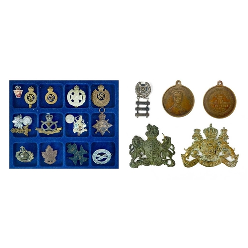 252 - Military medals and medallions Comprising: 1: A wooden lidded box with two trays of cap and other mi... 