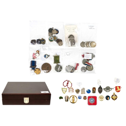 254 - Medallions, Badges, Fobs - various subjects Comprising: 1: A lidded wooden box containing two bags c... 