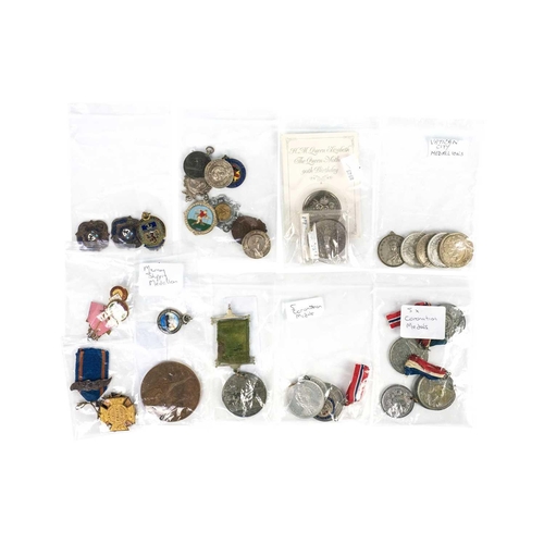 254 - Medallions, Badges, Fobs - various subjects Comprising: 1: A lidded wooden box containing two bags c... 