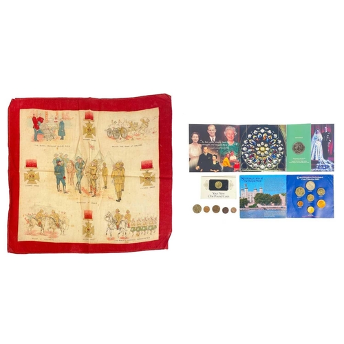 257 - Boer War printed handkerchief and coin sets A printed Boer war coloured handkerchief 36cm x 34cm sho... 