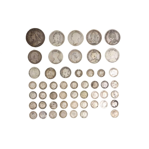 29 - GB Victorian and silver coinage Comprising: 1: 1899 veiled head crown 2: Halfcrowns (x4): 1845, 1887... 