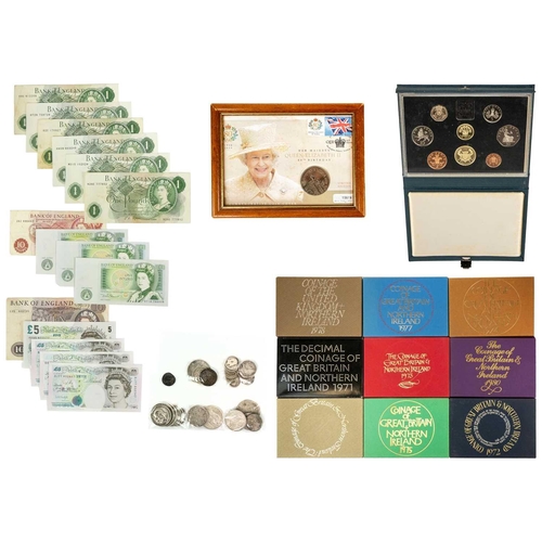 39 - GB decimal proof coin sets plus various GB silver coinage including hammered coin Comprising: 1: A t... 