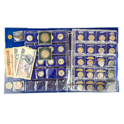 49 - Change checker album containing 10 pence, £1, £2 and £5 Comprising: 10 pence coins (x4): E,G,M,O; £1... 