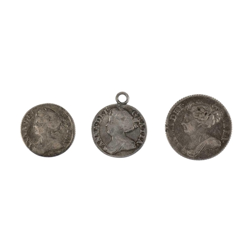 81 - Queen Anne coins x 3 Comprising 1709 shilling NEF and 1711 6d x 2. Both in Fine, one with attatched ... 