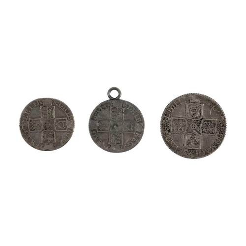 81 - Queen Anne coins x 3 Comprising 1709 shilling NEF and 1711 6d x 2. Both in Fine, one with attatched ... 