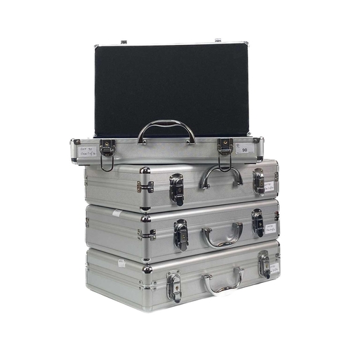 90 - Aluminium coin cases with varied tray apertures for coins (x4) Lot comprises four aluminium coin cas... 