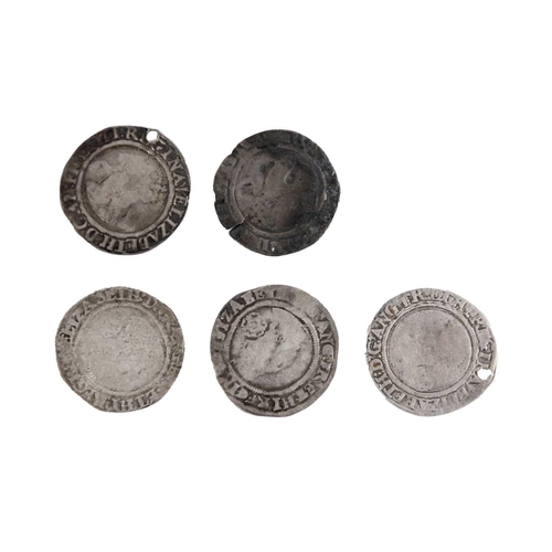 94 - Elizabeth I hammered 6ds x 5 Five dated coins, all worn, two holed. Comprising 1562, 1563, 1566 x2, ... 