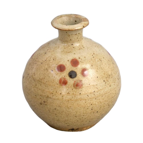 129 - Bernard LEACH (1887-1979) A bud vase, oatmeal glaze with three formal red and black spot designs Hei... 