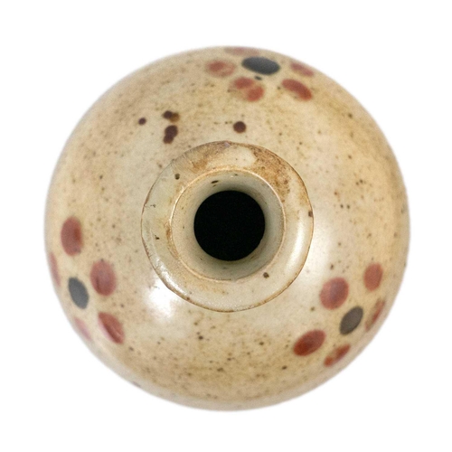 129 - Bernard LEACH (1887-1979) A bud vase, oatmeal glaze with three formal red and black spot designs Hei... 