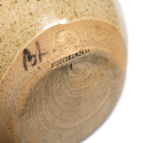 129 - Bernard LEACH (1887-1979) A bud vase, oatmeal glaze with three formal red and black spot designs Hei... 