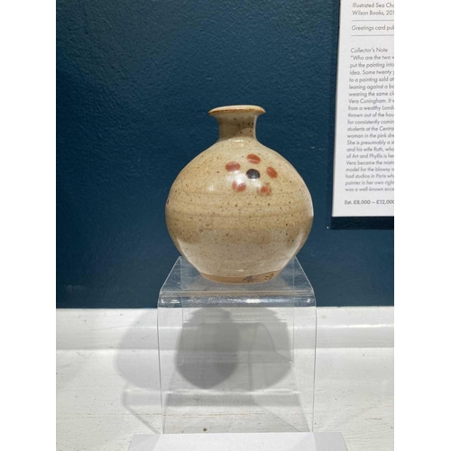 129 - Bernard LEACH (1887-1979) A bud vase, oatmeal glaze with three formal red and black spot designs Hei... 
